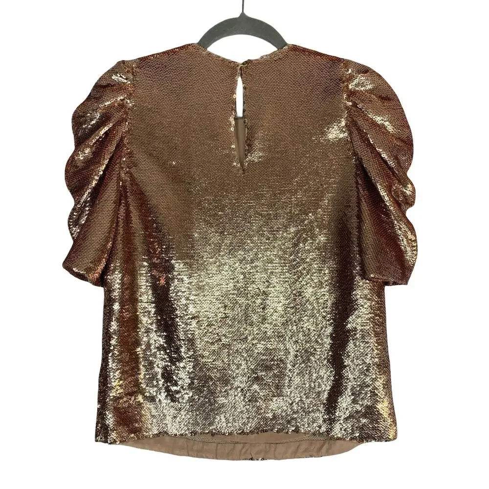Ulla Johnson Rae Sequin Blouse Size 2 Rose Gold Puff Sleeve Party Top Metallic